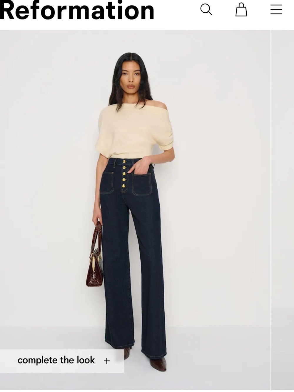 Reformation Dark Indigo High-Rise Wide-Leg Jeans with Gold Buttons